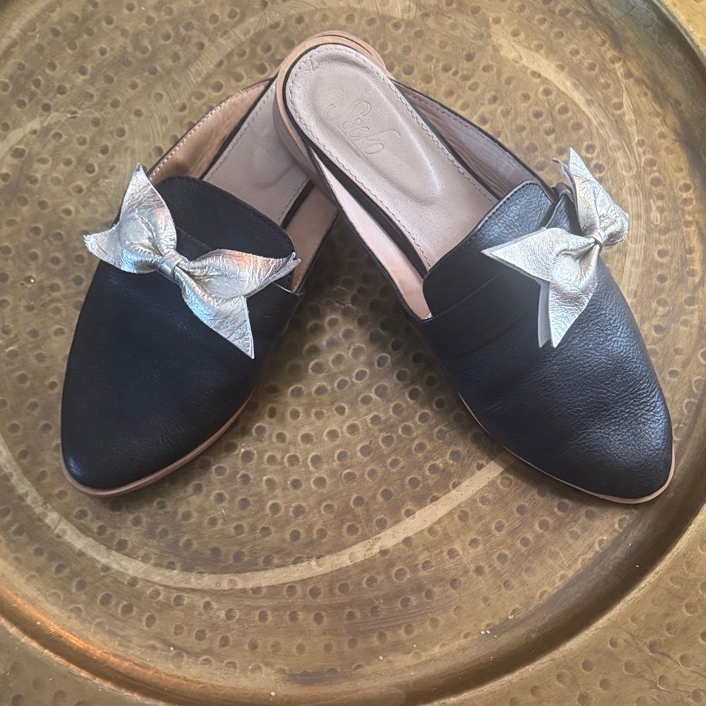 Sseko Black Mules with Gold Bow